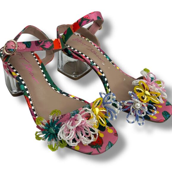 Betsey Johnson Shoes - Betsey Johnson Beaded Flower Embellished Sandals Size 6 Clear Block Heels EUC